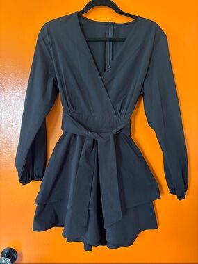 Black Long-Sleeve Wrap Mini Dress with Waist Tie